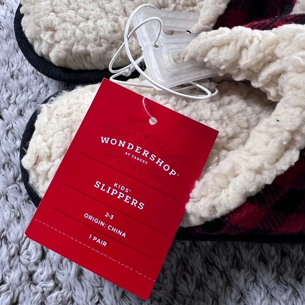WonderShop Target Kids Lil Bear Buffalo Plaid Sherpa Lined Slippers Size 2-3 NWT